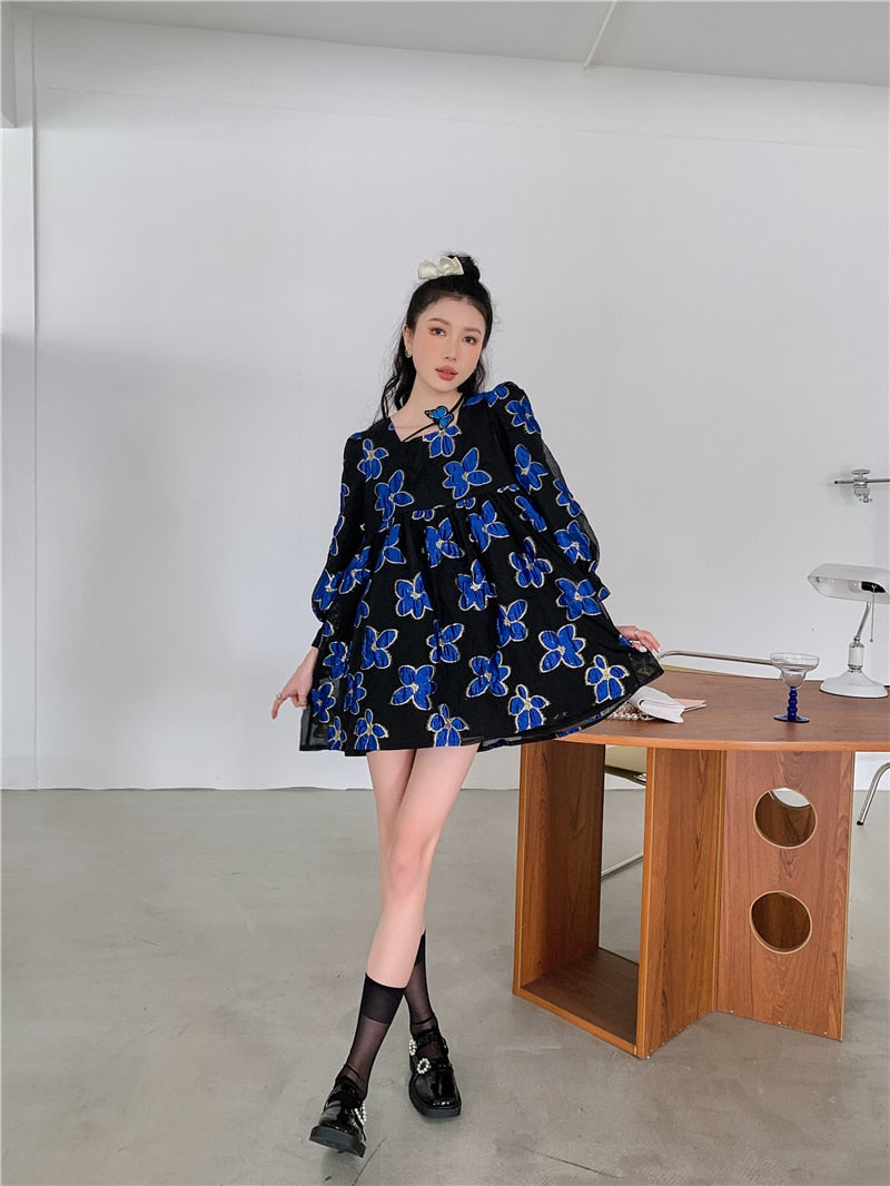 Royal Floral Blue Puff Mini Dress